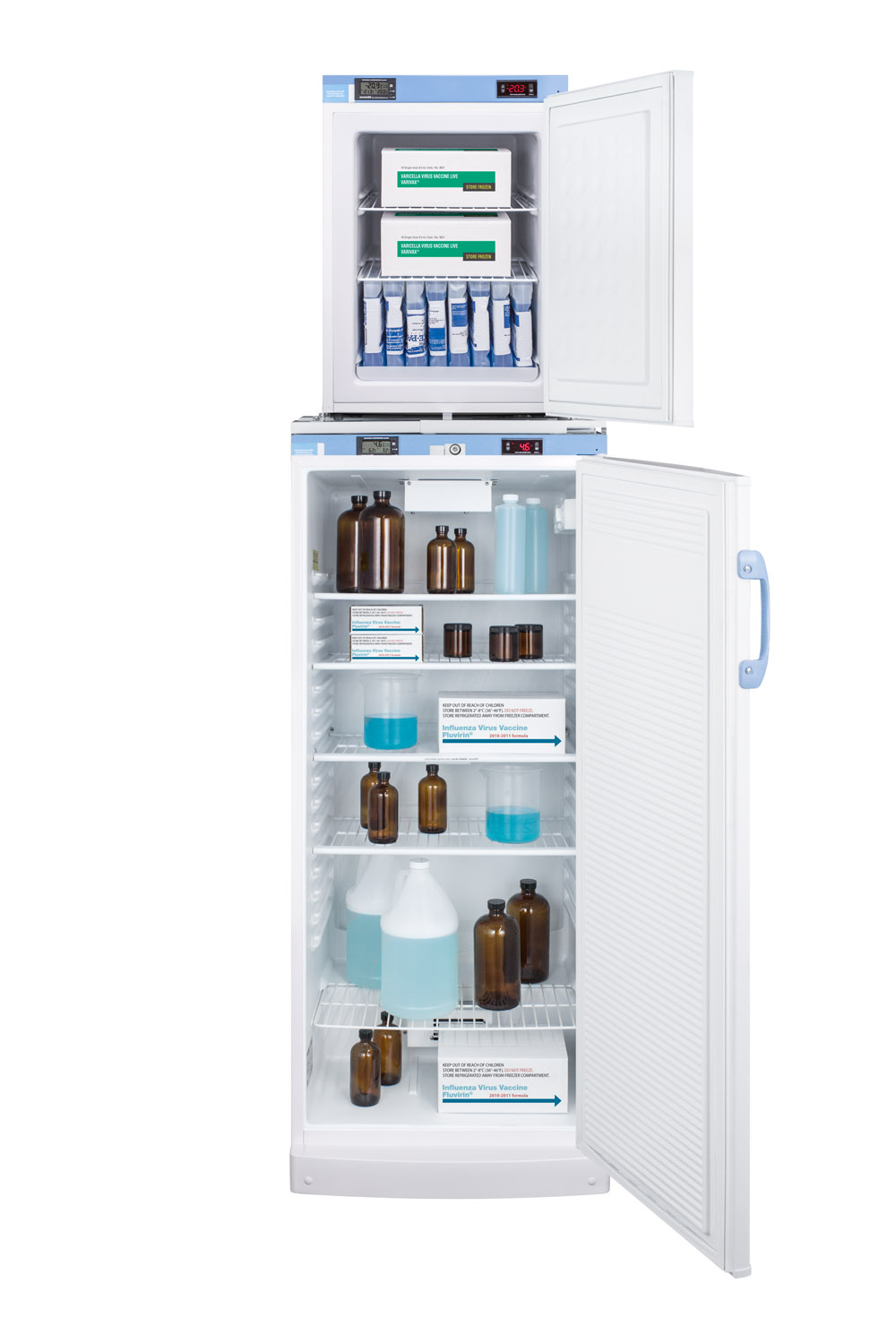 Stacked combination of FFAR10MED2 auto defrost all-refrigerator and FS30LMED2 compact manual defrost all-freezer, both with locks, digital controls, and NIST calibrated alarm/thermometers